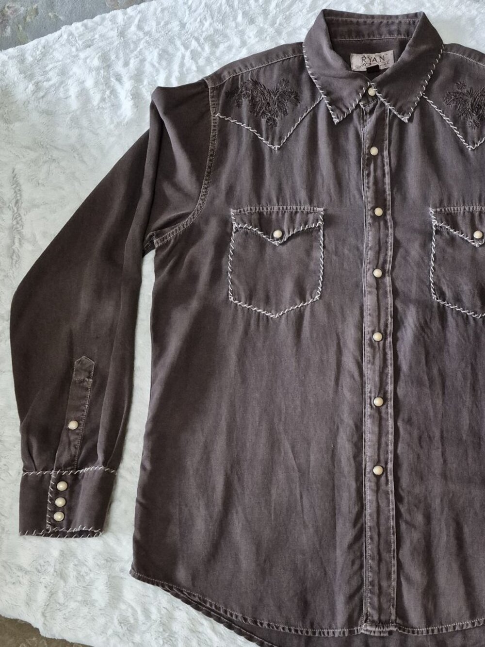 Ryan Michael long sleeve silk-cotton blend embroidered western pearl snap shirt.